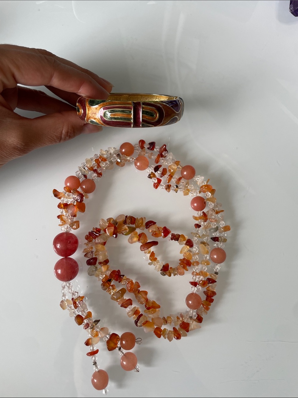Lot of Warm Color Beaded Necklace with Multicolor Enamel Bangle